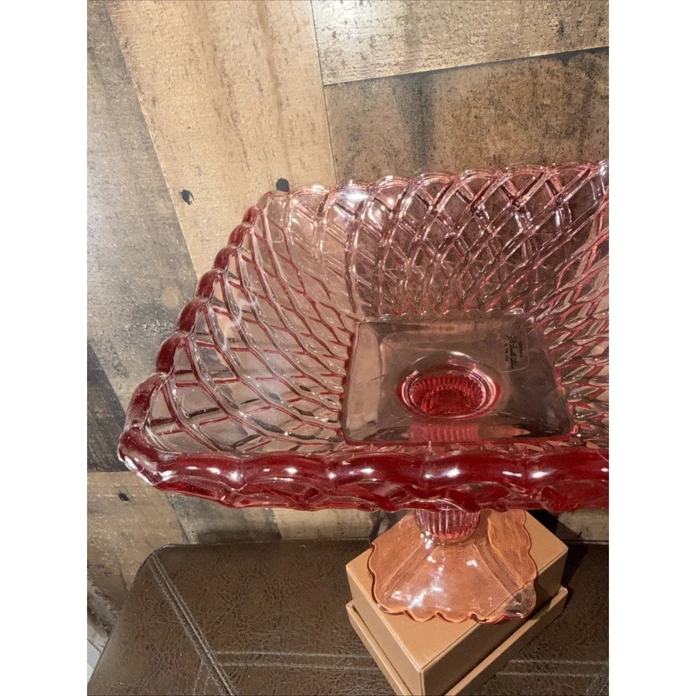 Vintage L.E. Smith‎ Pink Trellis Pattern Glass Pedestal Compote Bowl Handmade